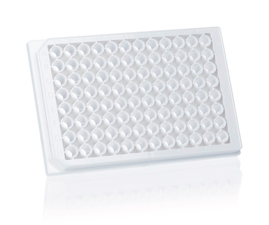 96 F-well plate cellGrade+ 330µl, white, transparant bottom, polystyrene, wiht lid, sterile, economical packaging, Brand