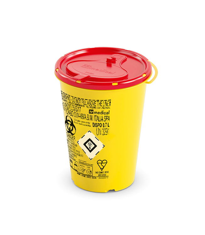 Sharps Container Line Dispo, round, yellow/red, 0,7 liter, diam. 11cm x 14,3cm height, AP Medical