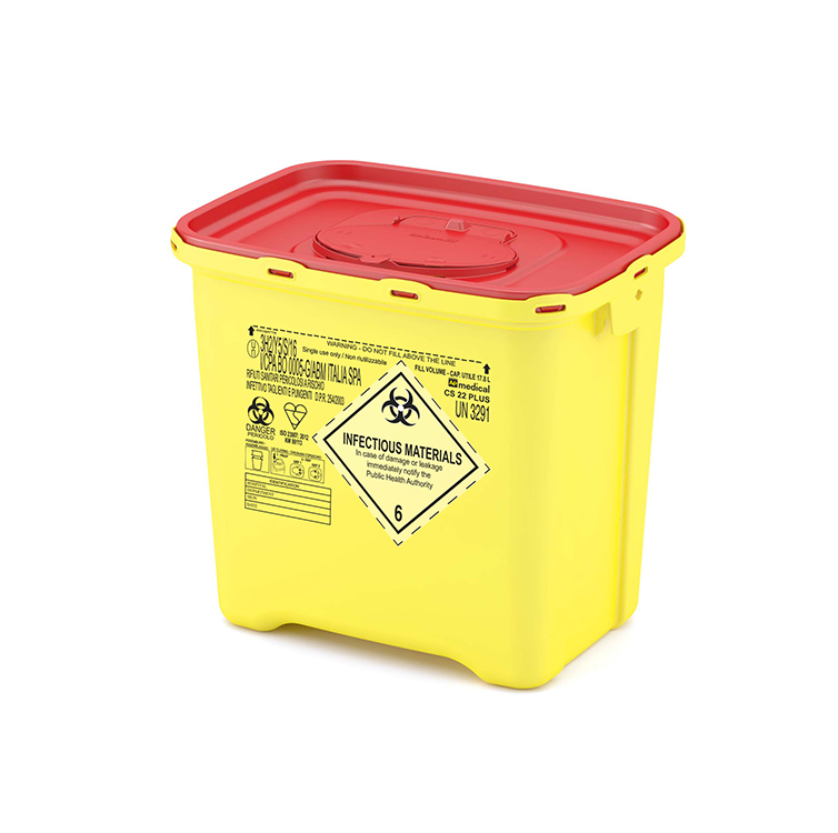 Naaldcontainer CS Plus Line, vierkant, geel/rood, 22 liter, 37,5 x 27,2 x 34,5 cm hoog, AP Medic