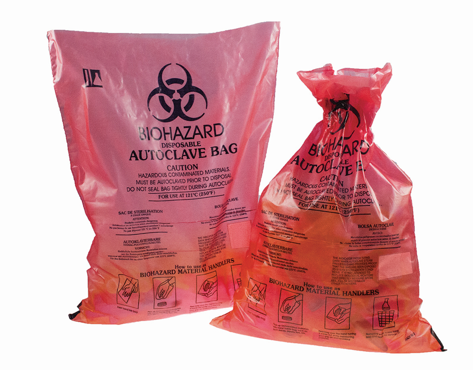 Sac autoclavable jusqu'à 121C pe Biohazard rouge, 210x290mm, avec label indicateur pour stérilisation, Ratiolab