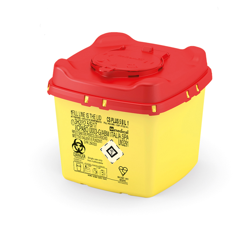 Sharpcontainer CS Plus line, carré, jaune/rouge, 5L, 215x215x185mm, version basse, Ap Medical