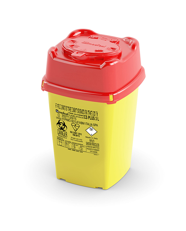 Sharps Container CS Flap Line, carré, jaune/rouge, 3 liter, avec valve de rétraction, 10,5x15x23,7cm largeur, AP Medical