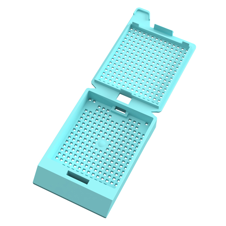 System III Biopsy cassette, with hinged lid, preloaded, turquoise, Cellpath, for Leica/Sakura printer