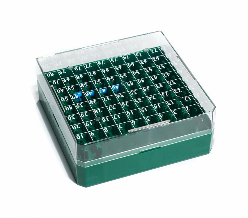 CryoGen box in pc for 100 1,2/2ml tubes, 132x132mm, green Biosigma