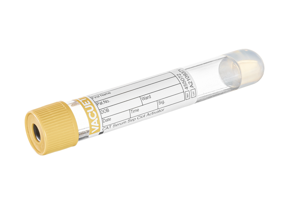 Vacuette tube 8ml, 100x16mm, bouchon à pression or, sérum avec activateur de coagulation, Greiner