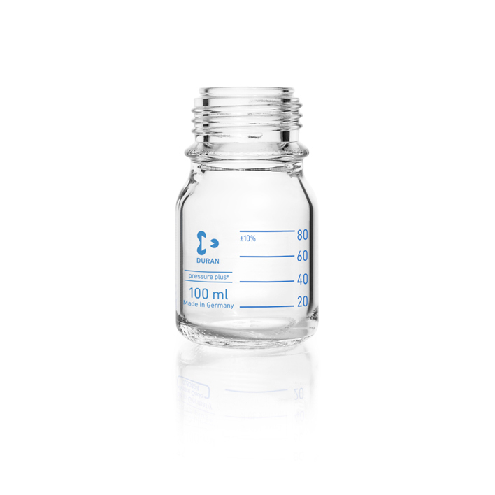 Pressure plus laboratory bottle 100ml transparant glass without screw cap, coated + graduated, Duran