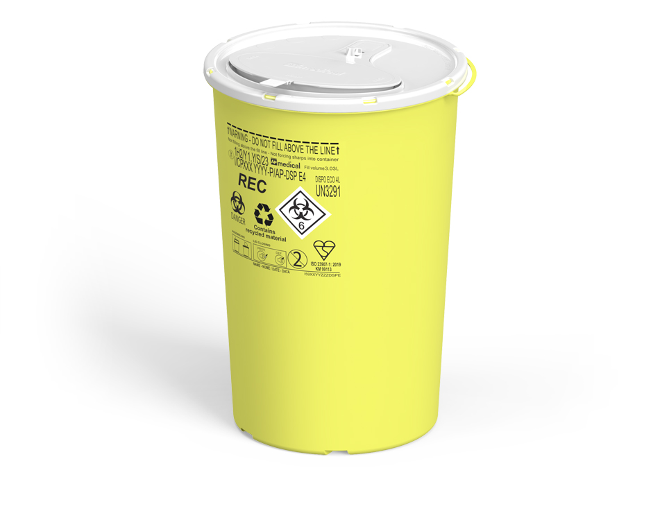 Sharps Container Line Dispo, round, yellow/white,  4 liter, diam. 16,9cm x 25cm height, eco recycled, AP Medical