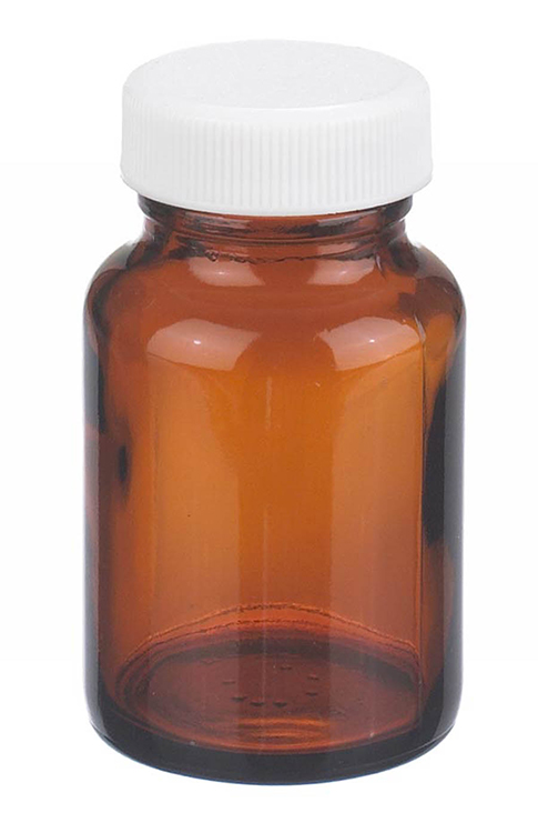 Jar with wide opening, 60ml, 44x77mm, amber soda lime glass, 33-400 thread, white PTFE cap, Wheaton