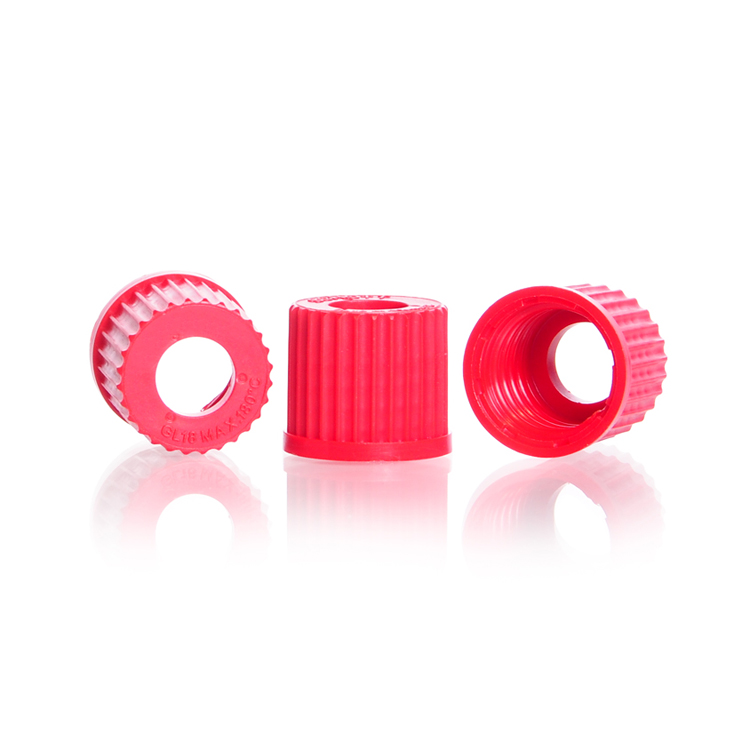 Screw cap in PBT with opening for tubing, GL 18, red, Duran