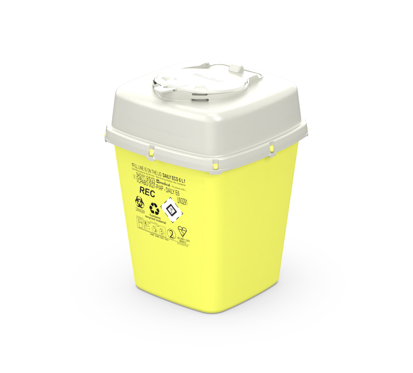 Sharps container Daily 6 square, yellow/white, 6L, afm.19x19xH25,7cm, eco recycled, AP Medical