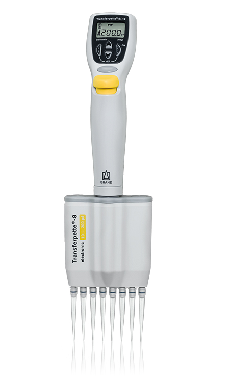 Transferpette electronic 8-channel, 10-200µl, jaune, AC adaptateur, Brand