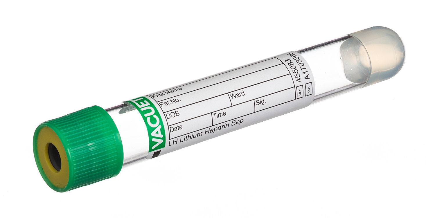 Vacuette tube 8ml, 100x16mm, lithium heparin with separator gel, green pressure cap with yellow ring, Greiner