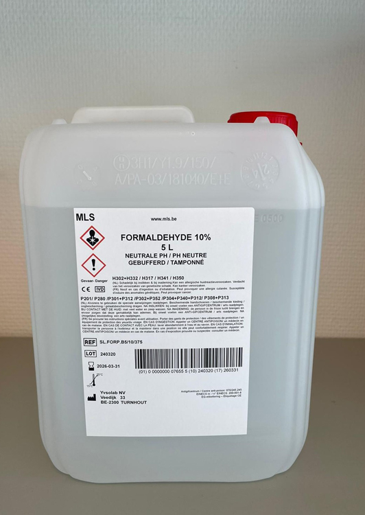 Formaldehyde 5L 10% gebufferd PH neutraal, plastiek recipient