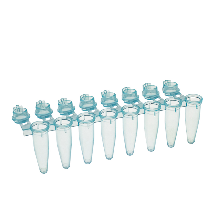 Strip van 8 microbuisjes 0.2ml blauw plat stopje PCR, simport