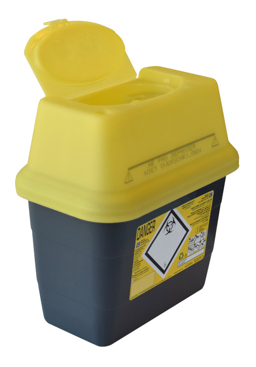 Sharpsafe 3L, zwarte container met geel deksel met flap, 5th GEN