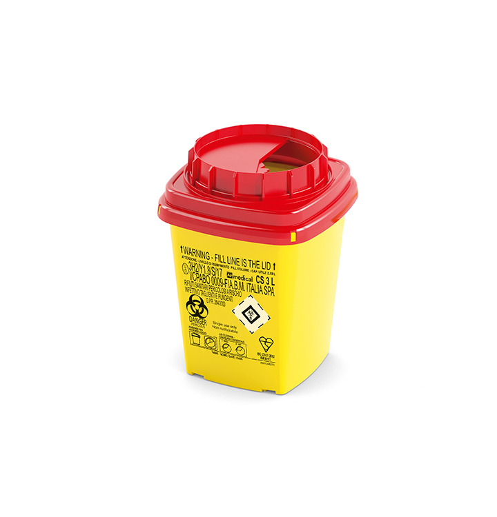 Naaldcontainer CS Line, vierkant, geel/rood, 3 liter, 16,7 x 16,7 x 23,2 cm, AP Medical