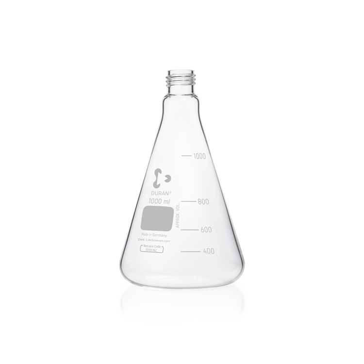 Fiole Erlenmeyer 1000 ml avec graduation, col étroit, fond fin, GL 32, diamètre 131mm, hauteur 220mm, Duran