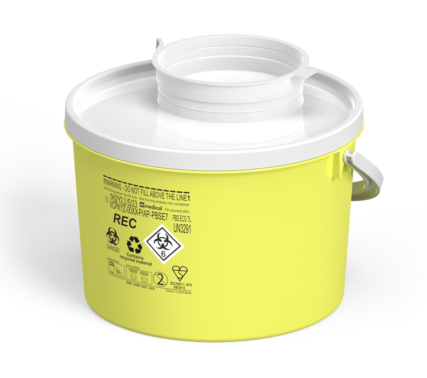 Sharps Container PBS Line, round, yellow/white,  7 liter, Ø 25cm x 19,5cm height, eco recycled, AP Medical