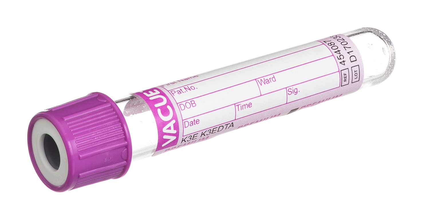 Vacuette tube 2ml, 75x13mm, EDTA K3, lavender screw cap with white ring, paediatric, label, Greiner