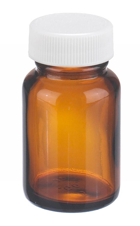 Jar with wide opening, 30ml, 37x67mm, amber soda lime glass, 28-400 thread, white PTFE cap, Wheaton