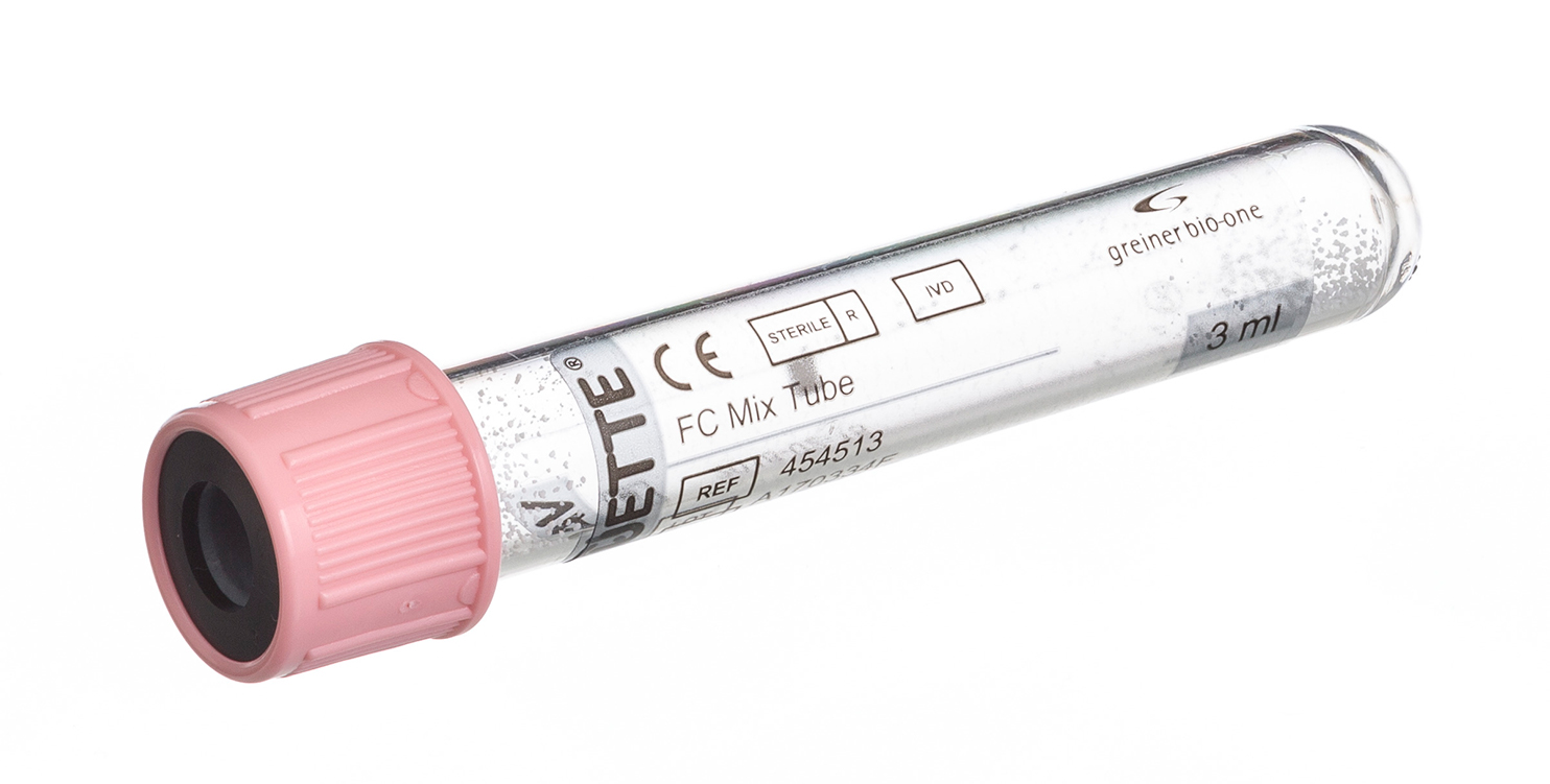 Vacuette tube 3ml, 75x13mm, FC Mix Tube, pink pressure cap with black ring, transparent label, Greiner