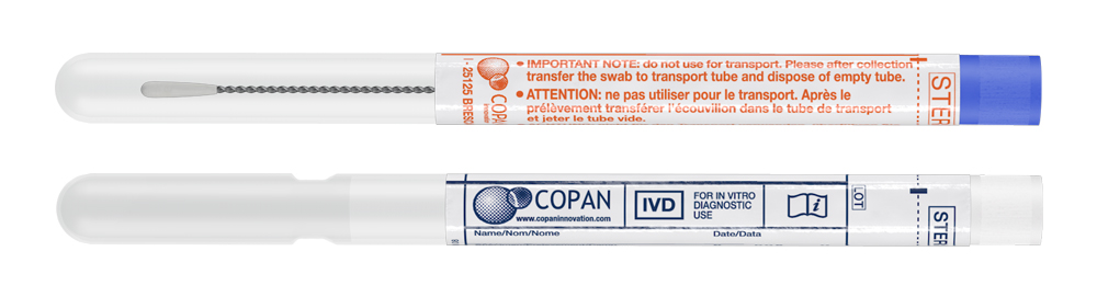 Ecouvillon Amies liquid clear, tige torsadé souple, bouchon bleu, Copan