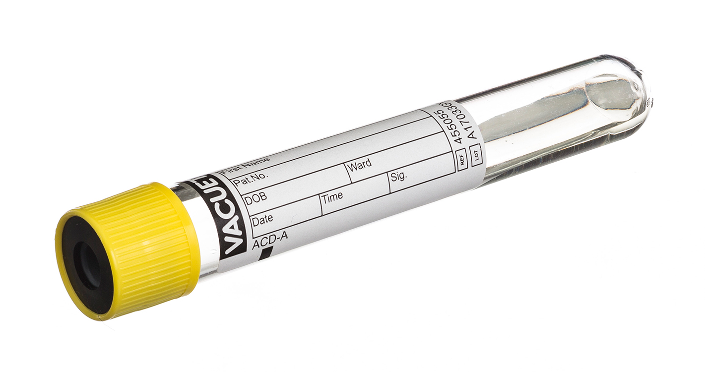 Vacuette tube 9ml, 100x16mm, bouchon à pression jaune avec anneau noir, ACD-A, Greiner