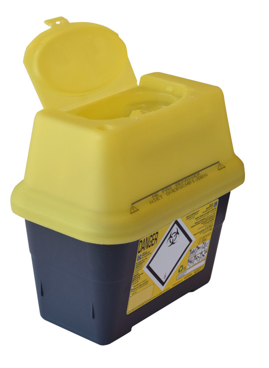 Sharpsafe 2L, black container with yellow lid with flap, 5th GEN