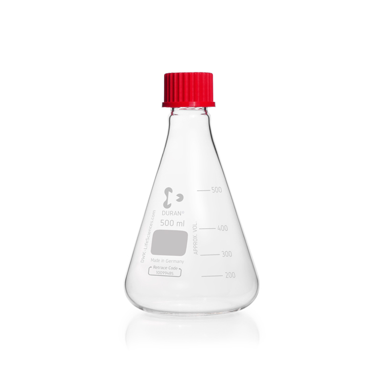 Fiole Erlenmeyer 500 ml avec graduation, col étroit, fond fin, GL 32 + capuchon à vis PBT, diamètre 105mm, hauteur 180mm, Duran