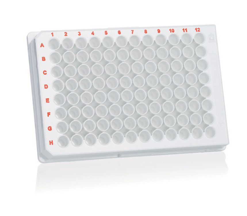 Plaque microtitre 96 F-well cellGrade 350µl, blanc, polystyrène, avec couvercle, stérile, Brand