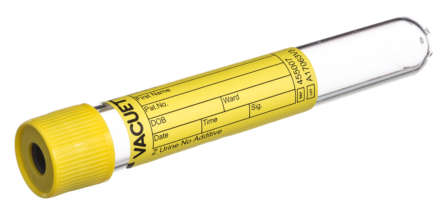 Vacuette tube d'urine 10ml, 100x16mm, bouchon à pression jaune, sans additif + fond rond, Greiner