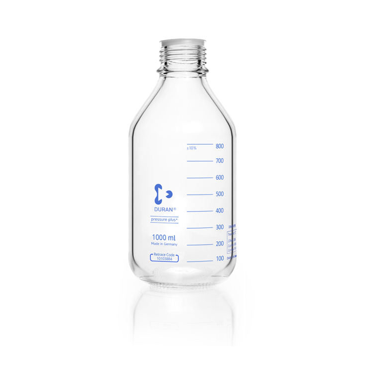 Pressure plus laboratory bottle 1000ml transparant glass without screw cap + graduated, Duran