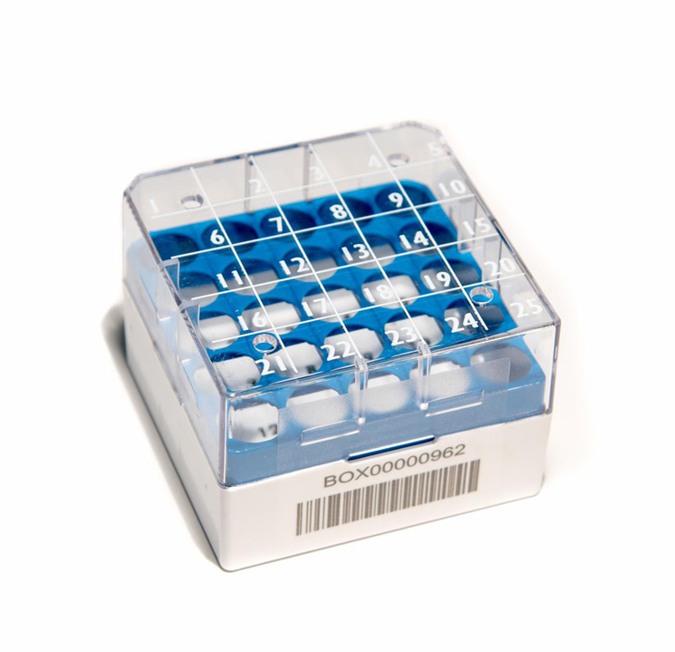 CryoGen 1D barcode box  in pc for 25 1,2/2ml tubes, 76x76mm, blue + writing area Biosigma