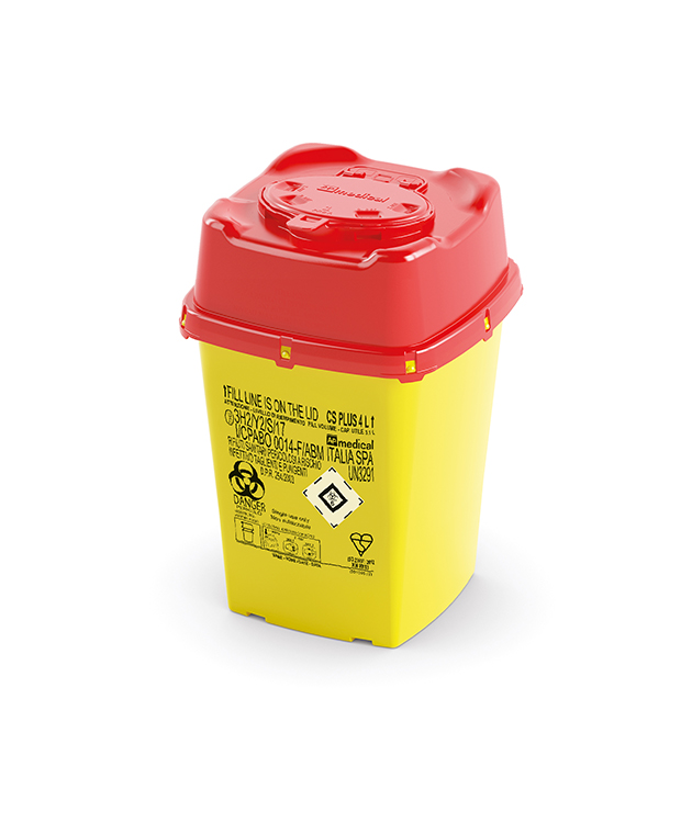 Naaldcontainer CS Plus Line, vierkant, geel/rood, 4 liter, 16,7 x 16,7 x 24,7 cm hoog, AP Medical