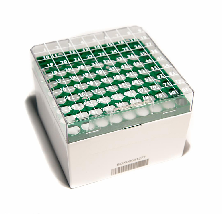 CryoGen 1D barcode box in pc for 81 tubes (internal/external), 132x132mm, green Biosigma