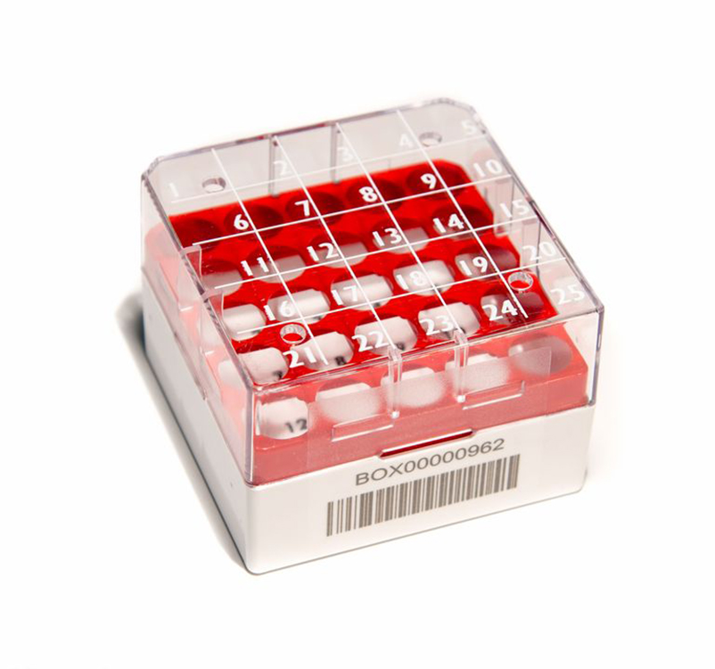 CryoGen 1D barcode box in pc for 25 1,2/2ml tubes, 76x76mm, red + writing area Biosigma