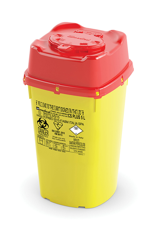 Sharps Container CS Flap Line, carré, jaune/rouge, 5 liter, avec valve de rétraction,12,8x16,7x29,8cm largeur, AP Medical