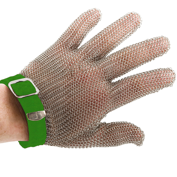 Promesh safety handschoen, extra small, uit roestvrij staal, met groen riempje, flexibel, Cellpath