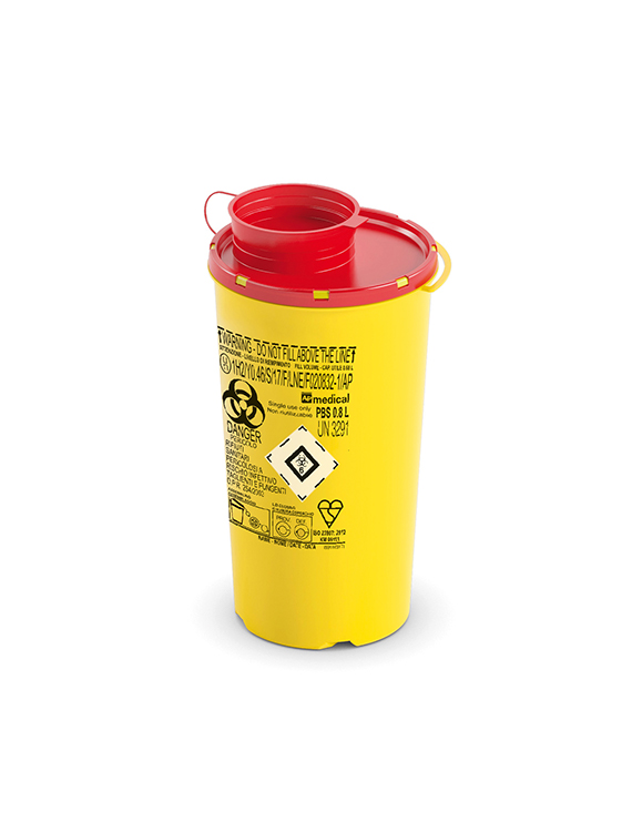 Sharps Container PBS Line, round, yellow/red, 0,8 liter, 10 x 18,5 cm, AP Medical