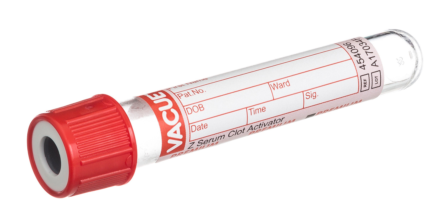 Vacuette tube 2ml, 75x13mm, sérum, activateur de coagulation, bochon à vis rouge, étiquette en papier, Greiner