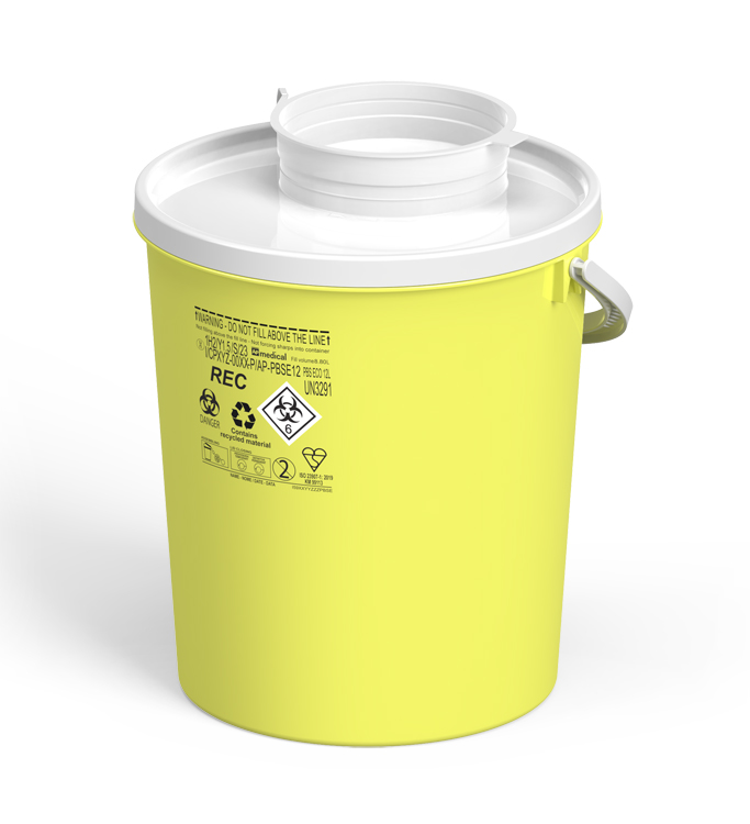 Sharps Container PBS Line, round, yellow/white,  12 liter, Ø 25cm x 31,3cm height, eco recycled, AP Medical