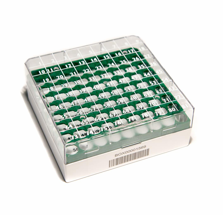 CryoGen 1D barcode box in pc for 81 1,2/2ml tubes, 132x132mm, green + writing area Biosigma