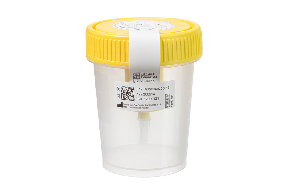 Urine beaker 100ml with integrated transfer device, with yello screwcap, sterile, Greiner