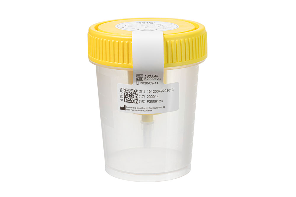 Urine beaker 100ml with integrated transfer device, with yello screwcap, non sterile, Greiner