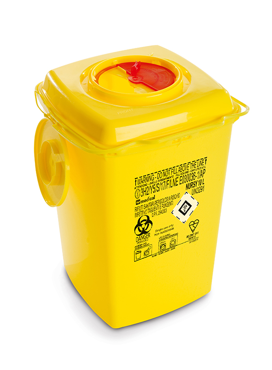 Sharps Container Nursy Line, carré, jaune/rouge, 10 liter, 22 x 22 x 35 cm, AP Medical