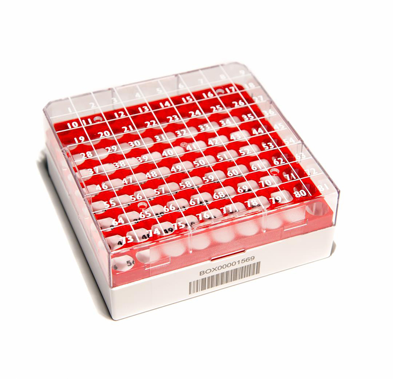 CryoGen 1D barcode box in pc for 81 1,2/2ml tubes, 132x132mm, red + writing area Biosigma