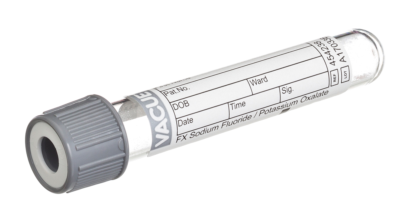 Vacuette tube 2ml, 75x13mm, sodium fluoride/potassium oxalate, grey pressure cap with white ring, paediatric Greiner