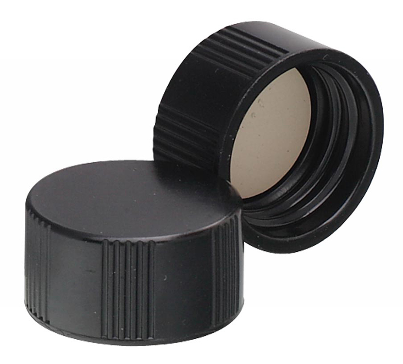 Black screw cap with white rubber liner, 15-425 size, PTFE/rubber, Wheaton