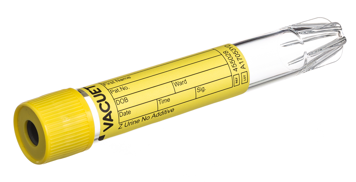 Vacuette urine tube 9ml, 100x16mm, yellow pressure cap, no additive + conical base, Greiner