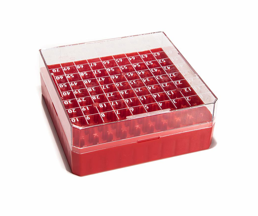 CryoGen doos in pc voor 100 1,2/2ml buisjes, 132x132mm, rood Biosigma